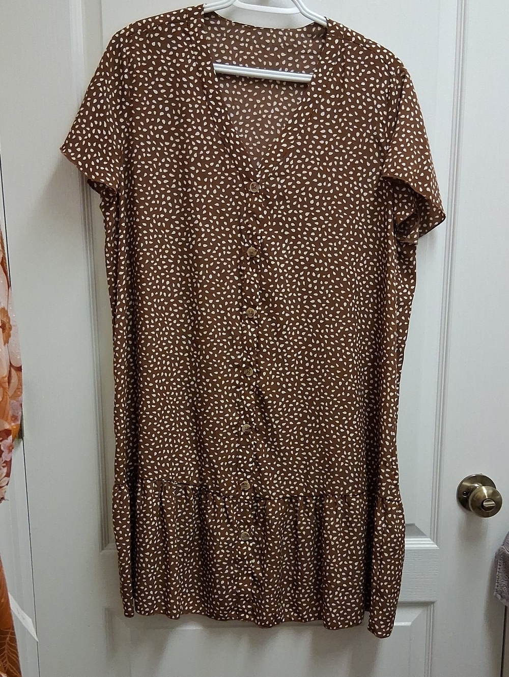 Brown Button-Front Short Sleeve Dress/Tunic with Cream Dot Print and Peplum Hem
